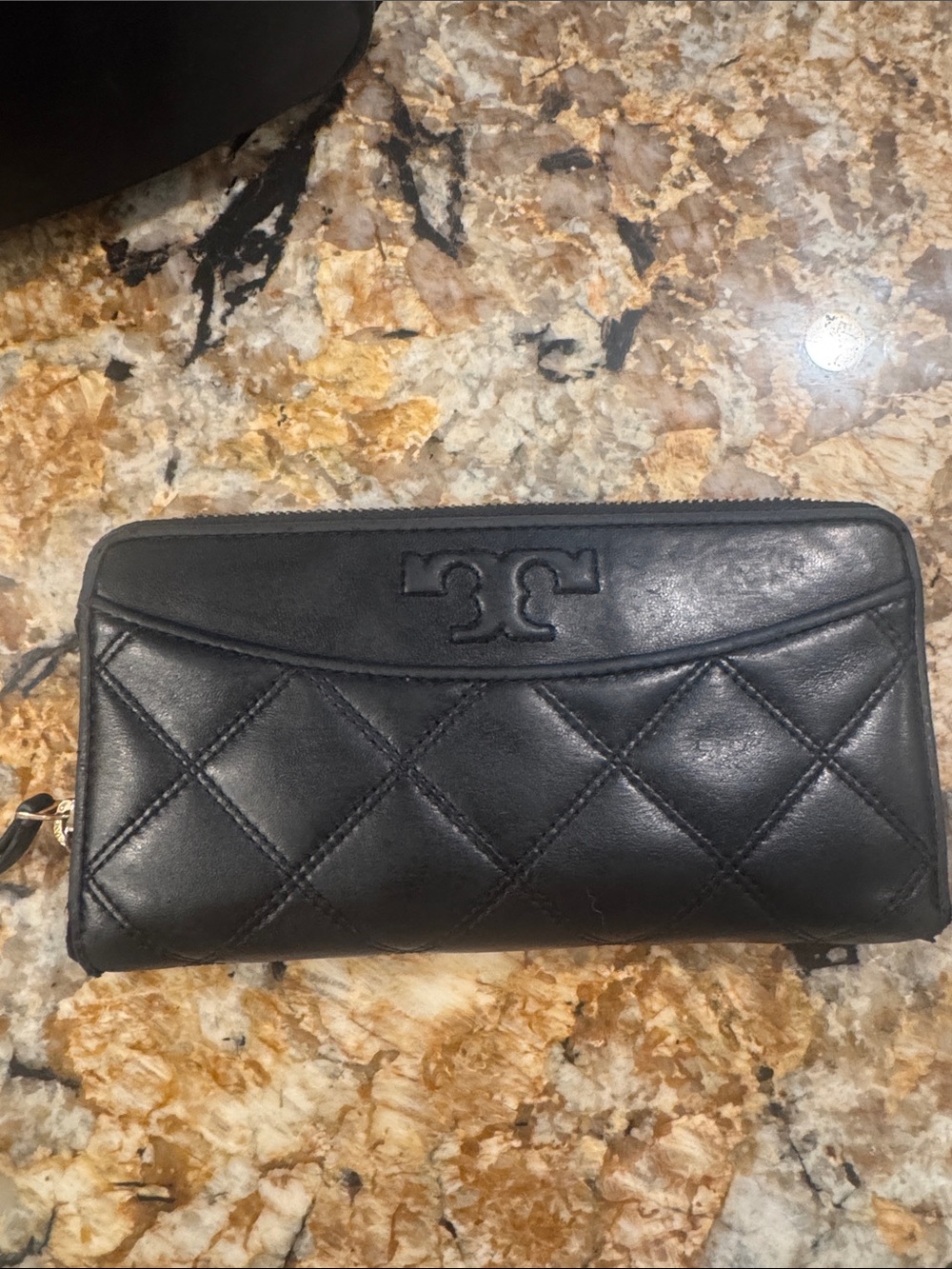 Tory Burch Black Quilted Leather Zip-Around Wallet with Logo